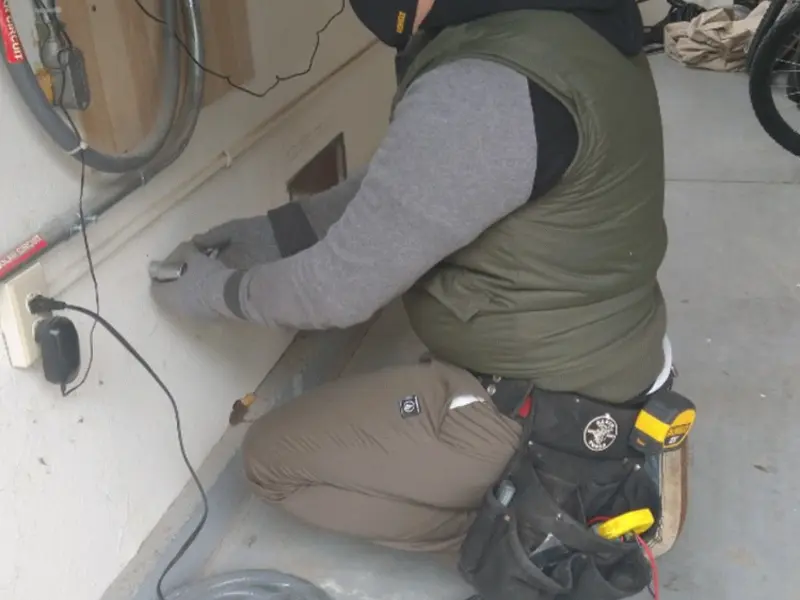 Electrician performing outlet wiring in a Glenburn garage